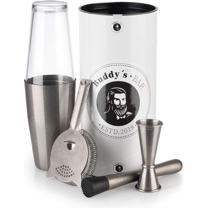 Boston Bar Set, 700 ml, Boston Cocktail Shaker, Bar Measure, Muddler, Bar Strainer, Food-Grade, Bar Set including Gift Box, (Antique Stainless Steel)