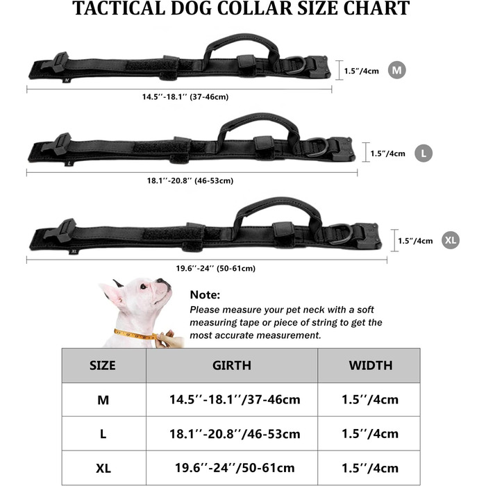 Тактичне обплетене нашийник для собак з ручкою та повідок, військовий стиль, м'яка підкладка, нейлон, регульований, середні та великі породи (Чорний, M)