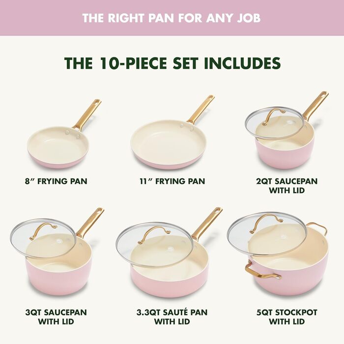 GreenPan Reserve Hard Anodized Healthy Ceramic Non-Stick Cookware Set, 10 Pieces, Including Frypans, Sauté Pan, and Saucepan, Gold Handle, PFAS-Free, Induction, Oven-Safe, Rosy Red 10-Piece Cookware Set Light Pink