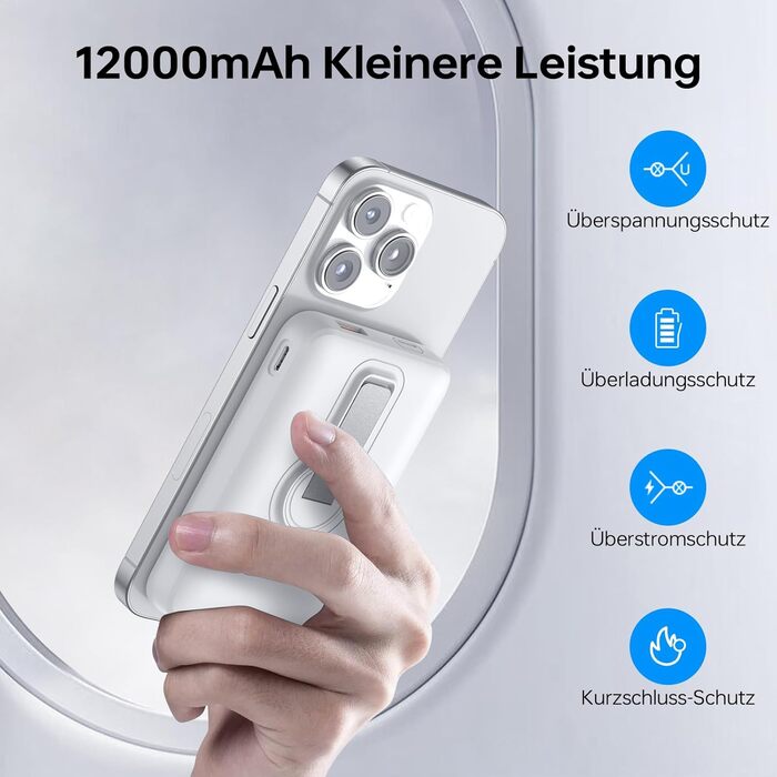 Пауербанк MagSafe 12000mAh з бездротовою зарядкою для iPhone, PD 22.5W, USB-A вихід, LED-дисплей, Type-C вхід/вихід, білий
