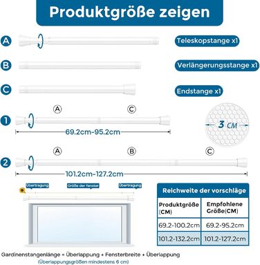 Штанга для карнизів AIZESI без свердління, 70-130 см, телескопічна, біла (діаметр 22 мм)