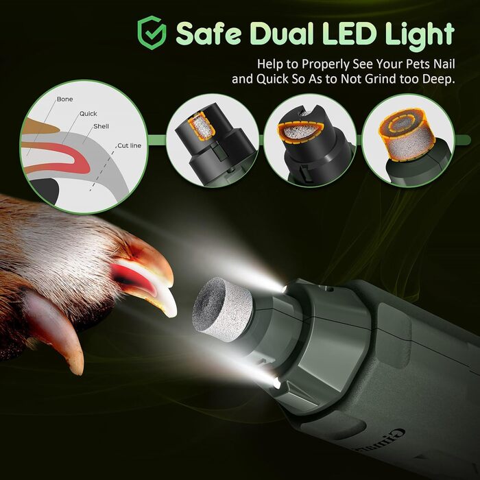 Шліфувальник для собак та котів Gimars 6-ступінчатий з LED-підсвіткою, тихий, 12000 обертів/хв, USB, для великих, середніх та малих тварин (Army Green)