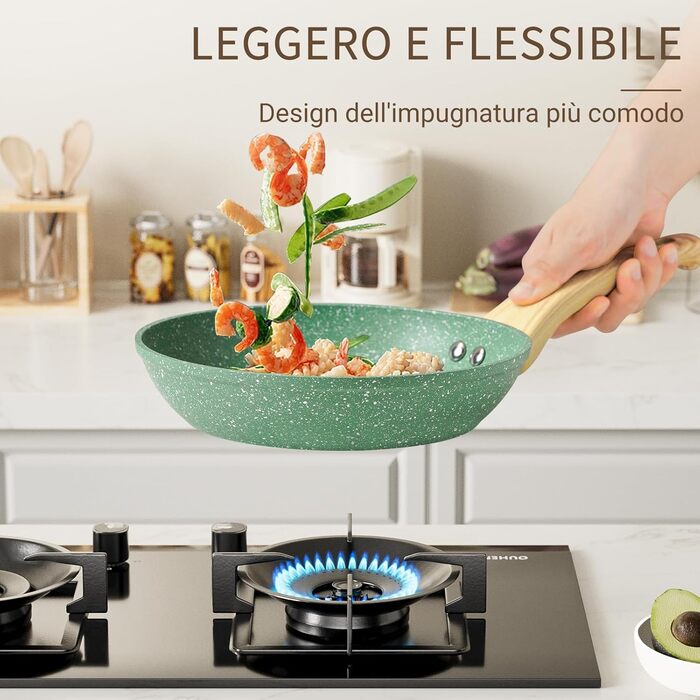 Набір сковорідок Innerwell з кришкою 3 шт. (20 см, 24 см, 28 см), індукційні сковороди з керамічним антипригарним покриттям, для професійного використання, сумісні з духовкою, без PFOA, придатні для миття в посудомийній машині, м'ятно-зелені