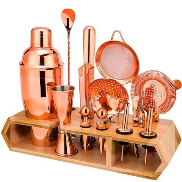 Набір для коктейлів Hansum, 18 предметів, нержавіюча сталь, рожеве золото, з дерев'яною підставкою для бармена