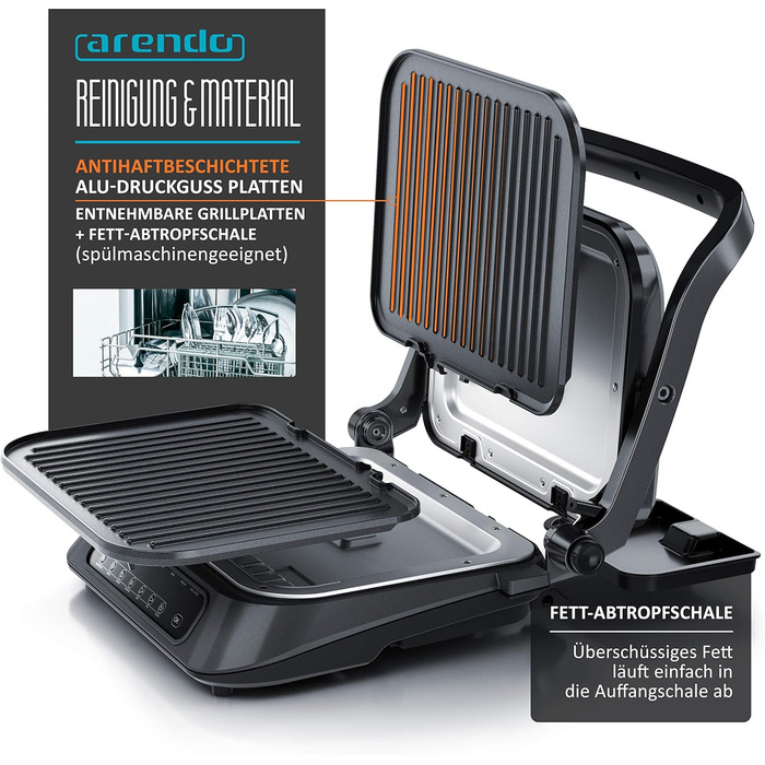 Arendo Electric Grill - Contact Grill, Tabletop Grill & Sandwich Maker with Digital Control - 1900W, 7 Programs, Removable Plates, Stainless Steel