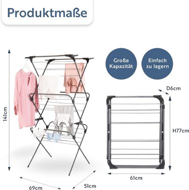 Сушарка для білизни Minky Premium Sure Grip, 3-рівнева розкладна сушарка з протиковзаючими стержнями для дому та вулиці, стандартний розмір, з 4 кутовими гачками