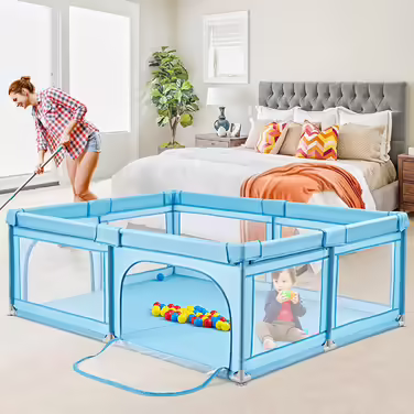 COSTWAY 205 x 147cm Playpen for Baby with Mattress, Foldable Baby Playpen, Playard with 50 Balls, 2 Doors, Breathable Mesh & Zipper, Play Tent for Infants & Toddlers (Dark Grey)