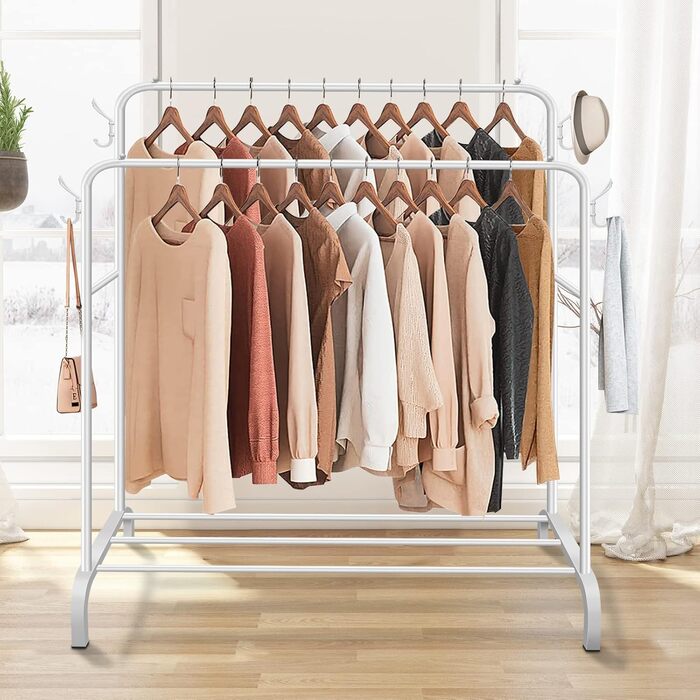 Metal Clothes Rack Clothes Stand Stable, Double Rod Durable with 1 Tier Shelf and 4 Side Hooks, Freestanding Clothes Rack, Multi-Purpose Organizer, Bedroom (Black2)
