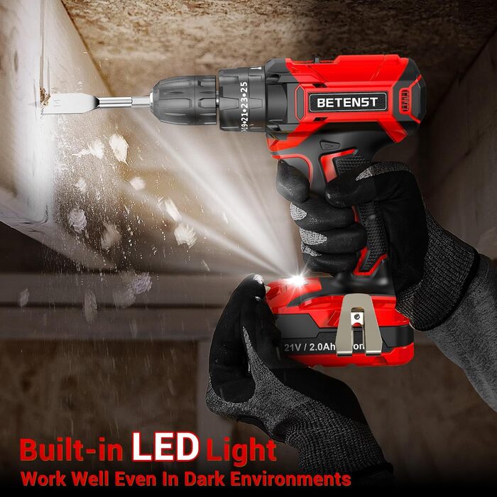 Акумуляторний шуруповерт BETENST 21V: 42Nm, 2 Akku 2.0Ah, 25+3 Drehmomentstufen, 2 швидкості, 10мм патрон, LED, 30шт аксесуарів для дому, саду, DIY