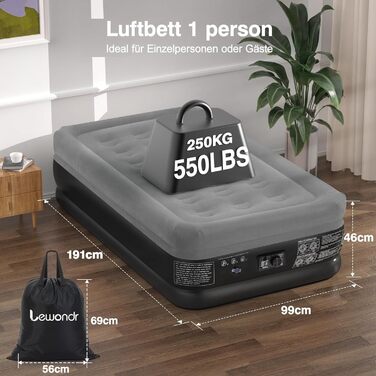 Надувне ліжко Lewondr для 2 осіб з вбудованим насосом, комфортна надувна матрац, самонадувна, для кемпінгу, дому, гостей, подорожей (300 кг MAX), (191x99x46 см, сірий)