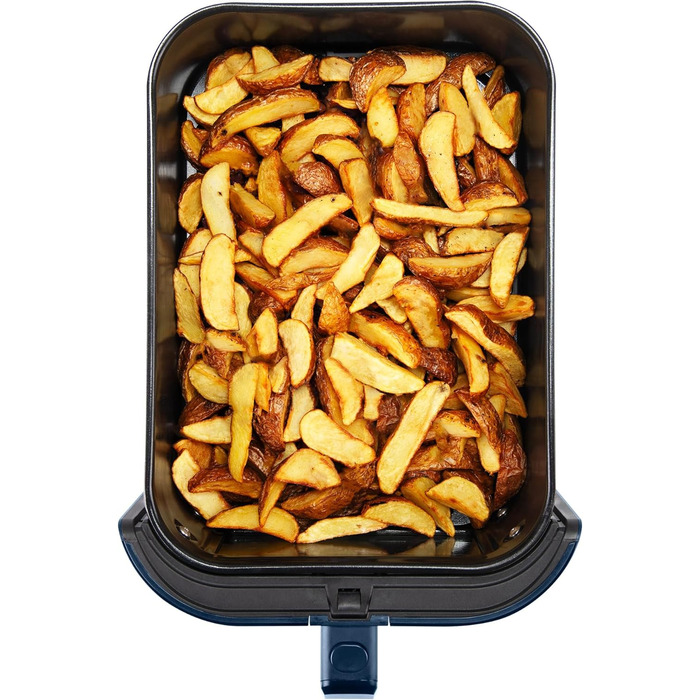 Фритюрниця повітряна BOURGINI з керамічним покриттям, 8 л, блакитна. Безпечна для здоров'я, не містить шкідливих речовин (PFAS, C6, PFHxA, PTFE, PFOA та BPA). Компактний формат.