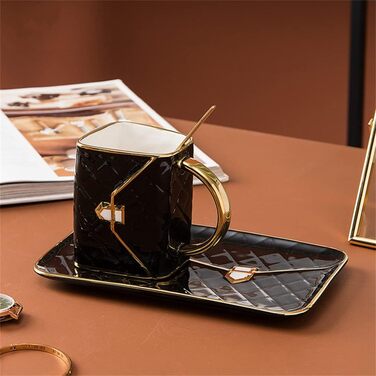 MVSR Cup and Saucer Set Cappuccino Cups Handbag Styling Coffee Cups Porcelain Cup Ceramic Teacup with Spoon, 310ml (Black)
