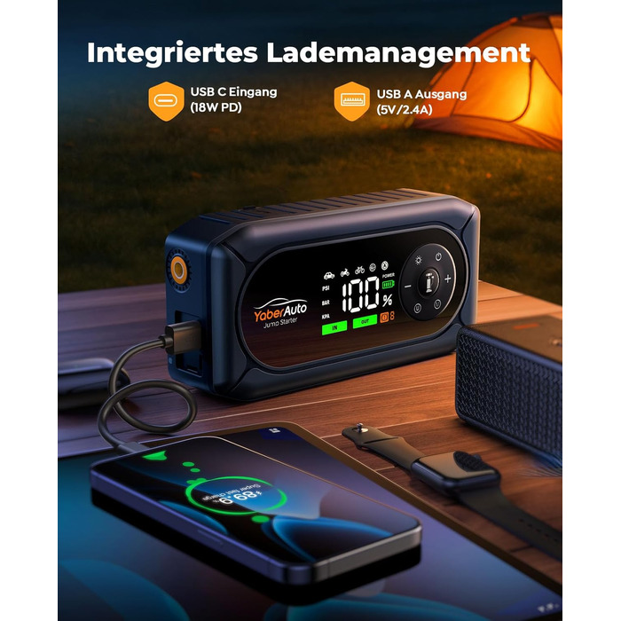 Powerbank для автомобіля YaberAuto AP02 з компресором, 150PSI, 4500A, для бензинових двигунів до 9.0L та дизельних до 8.0L, LED ліхтар 500 Lumen (4 режими), LCD дисплей 3.3