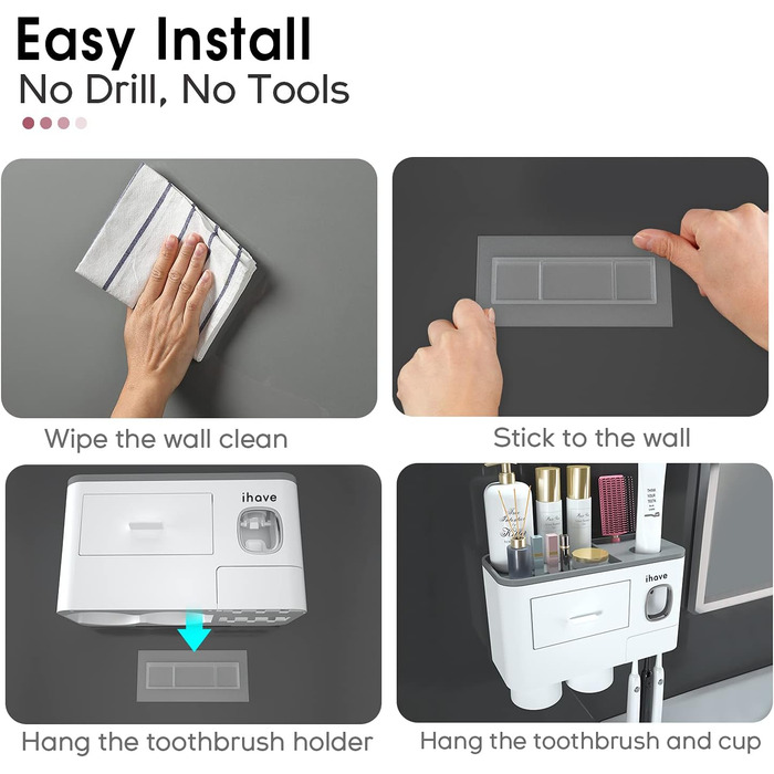 I have toothbrush holders for bathroom decor, 2 cup toothbrush holders wall-mounted with toothpaste dispenser, bathroom accessories with a large-capacity tray, and a cosmetic drawer.