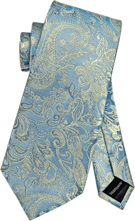 Чоловіча краватка DiBanGu з шовку, візерунок павлина та квіти, комплект: краватка, нагрудна хустинка, краваткова застібка, манжетні кнопки, класичний стиль, для весілля та свят (світло-золото-блакитний)