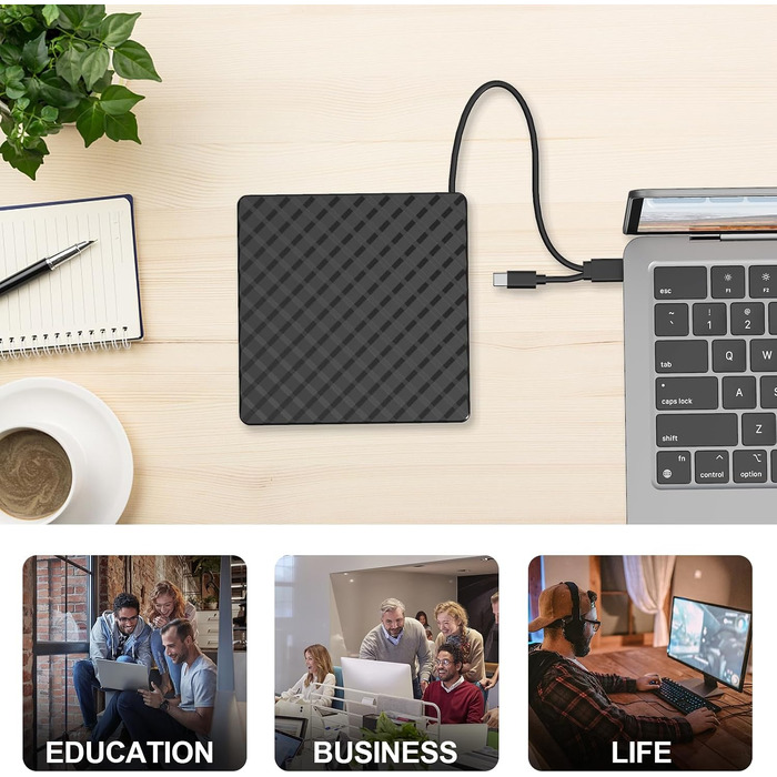 Зовнішній DVD CD привід BENEWY USB 3.0 та Type-C, портативний DVD-плеєр та записувач +/-RW для ноутбука, ПК, MacBook (Windows, Linux, Mac), чорний