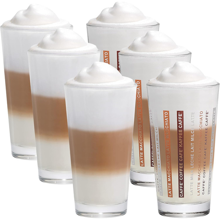 Vitrea 6-Piece Latte Macchiato/Coffee Glasses Set - 370ml, 6 Drinking Straws 23 cm, 1 Brush (6 Glasses Neutral 370ml)