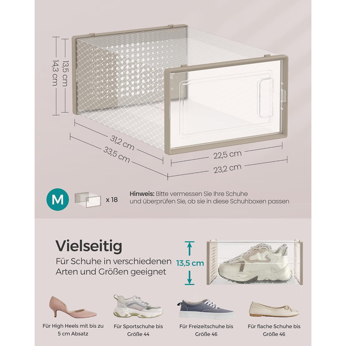 SONGMICS Shoe Boxes, 18-Piece Set, Plastic Shoe Organizer, Foldable and Stackable, for Shoes up to Size 44, Transparent-White LSP18SWT (Transparent + Oatmeal Beige, 18-Piece Set for Shoes up to Size 44)