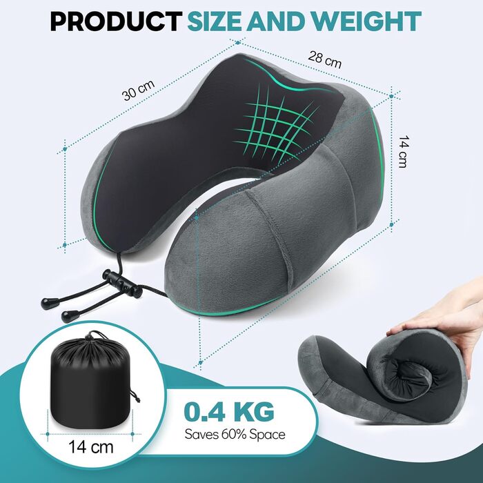 Подушка для шиї у літак - подушка для подорожей Memory Foam, ергономічна форма - подушка для шиї з маскою для сну, навушниками, сумкою - ідеально для літака, подорожей, офісу, дому (Сірий)