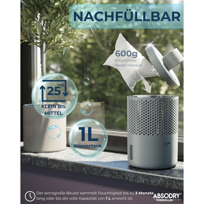 Безструмний осушувач повітря AbsoDry до 25 м² - з поповнюваним пакетом - з переробленого пластику - для вітальні, ванної кімнати, підвалу - осушувач для квартири - сірий