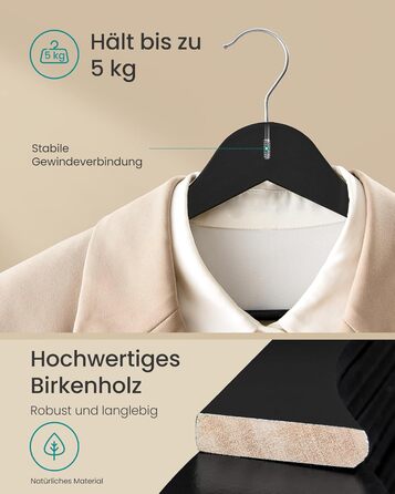Плечики SONGMICS для одягу з дерева, набір 20 шт., тонкі, для сорочок та курток, з вирізами для плечей, поворотний гачок 360°, з натурального дерева берези, білий, CRW0W02