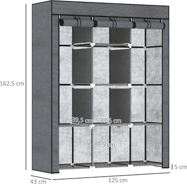 HOMCOM Closet Fabric Wardrobe with Drawers, Clothes Rail and Zipper, Fabric Clothes Storage Unit Folding Wardrobe for Bedroom, Dressing Room, 102 x 42.5 x 162.5 cm, (Dark Grey, 125L x 43W x 162.5H cm)