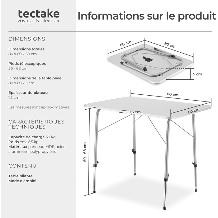 Складний алюмінієвий стіл Tectake для кемпінгу, саду, тераси, балкону (80x60x68 см, модель 402173)