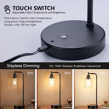 Акумуляторна настільна лампа бездротова з пультом, сенсорне регулювання яскравості, скляний плафон, нічник для спальні та вітальні, чорна
