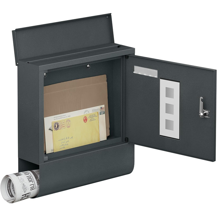 Поштовий ящик WOLTU з газетницею та вікном для імені, замиканий, 2 ключі, антрацит, 30.5x33.5x9 см