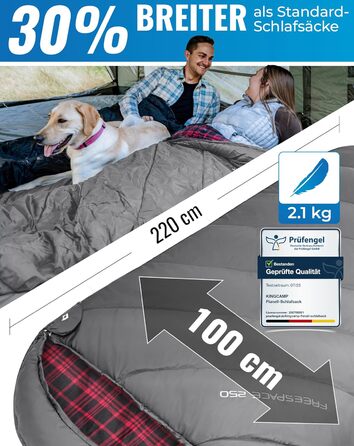 Сплячий мішок KingCamp XXL з бавовни фланелі для дорослих, великий, теплий, зимовий, для кемпінгу, подорожей та активного відпочинку на природі (4 сезони), 220x100 см (#Klassisch Grau)