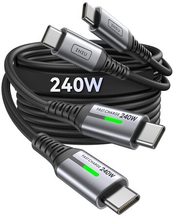 Кабель USB-C 240W, 2 шт. (2м) з LED-підсвічуванням, нейлон, для iPhone, Samsung, Pixel, iPad, MacBook.