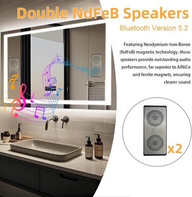 Дзеркало для ванної кімнати LUVODI з підсвічуванням: 100x70 см, годинник, температура, дата, антизапар, регулювання яскравості, 3 кольори світла, функція пам'яті, LED, водонепроникне, Bluetooth