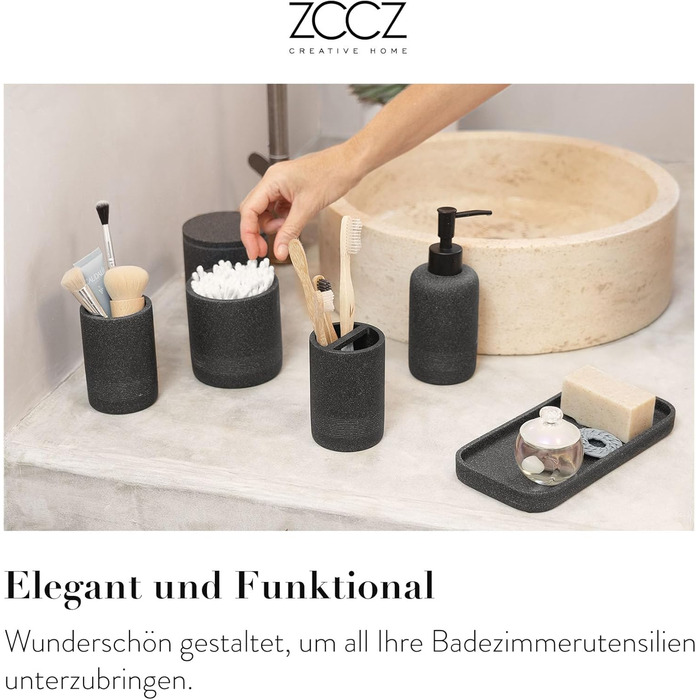 Набір для ванної кімнати ZCCZ 6 предметів: органайзер для зубних щіток, мильниці, косметики, ватних паличок в мармуровому стилі, чорний – сучасний декор для ванної