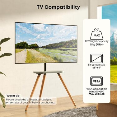 Adjustable TV Stand with Easel Design - Fits 43-65 inch TVs, Max VESA 400x400mm, 35kg Weight Capacity, Wood Tray - White (Black)