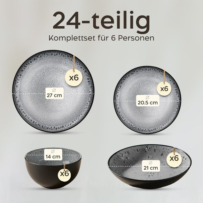 Набір посуду Twinzee Steingut (24 частини) для 6 осіб: тарілки та миски - серія Riviera (Perla)