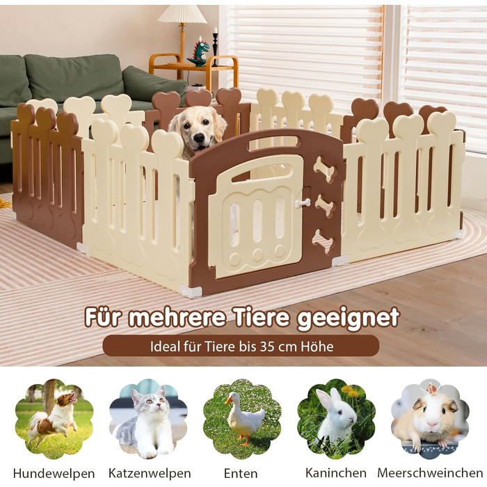 Вольєр для собак COSTWAY з 8 панелей, 60 см, з дверцятами, для дому та саду, HDPE пластик, бежевий + коричневий
