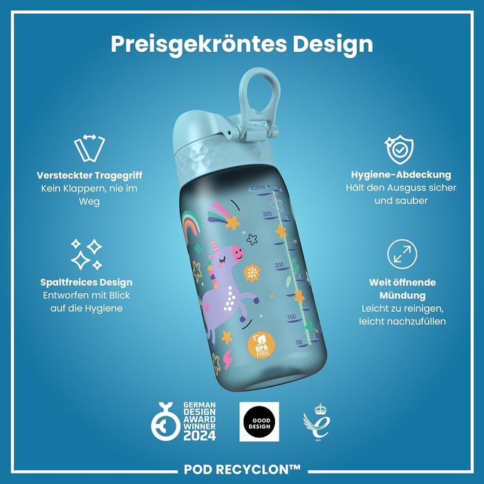 ion8 Insulated Stainless Steel Drinking Bottle 320 ml Leak-Proof One-Hand Opening Secure Locking Dishwasher Safe Flip-Top Lid Carrying Handle Easy to Clean, Durable, Unicorn (Evo, Recyclon, Alaskablue)