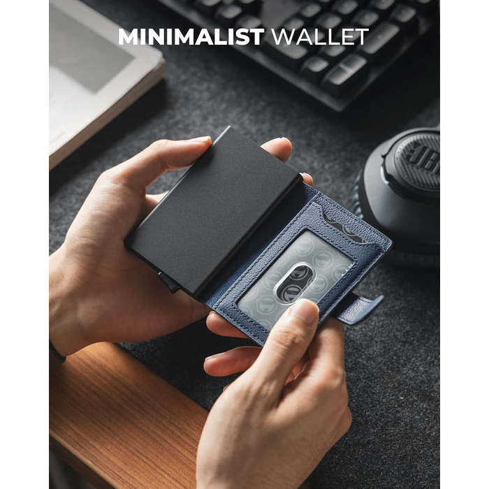 Чоловіче картхолдер VULKIT з RFID блокуванням, з металу, на 3 картки та віконцем для посвідчення, компактний гаманець, шкіряний, з магнітною застібкою, бордовий (справжня шкіра Litchi Navy)