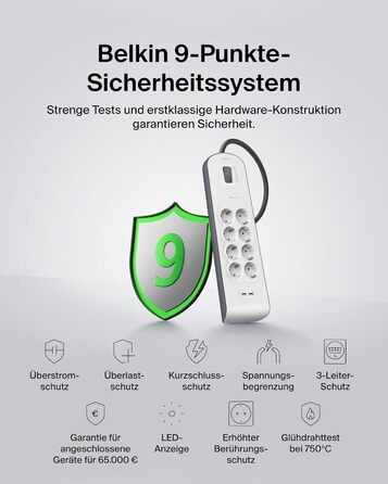 Мережевий фільтр Belkin з 8 розетками, захистом від перенапруги та USB-портами (2.4A), 2 м кабелю, для дому та офісу