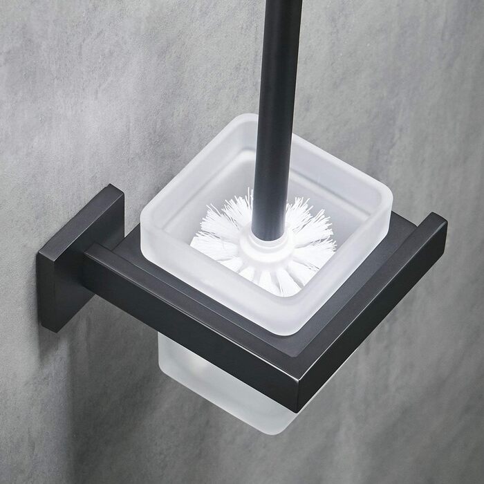 WC Brush and Holder Wall Brush Holder, Chrome, Toilet Brush Set Toilet Brush Set made of 304 Stainless Steel and Frosted Glass for Bathroom (Matte Black)