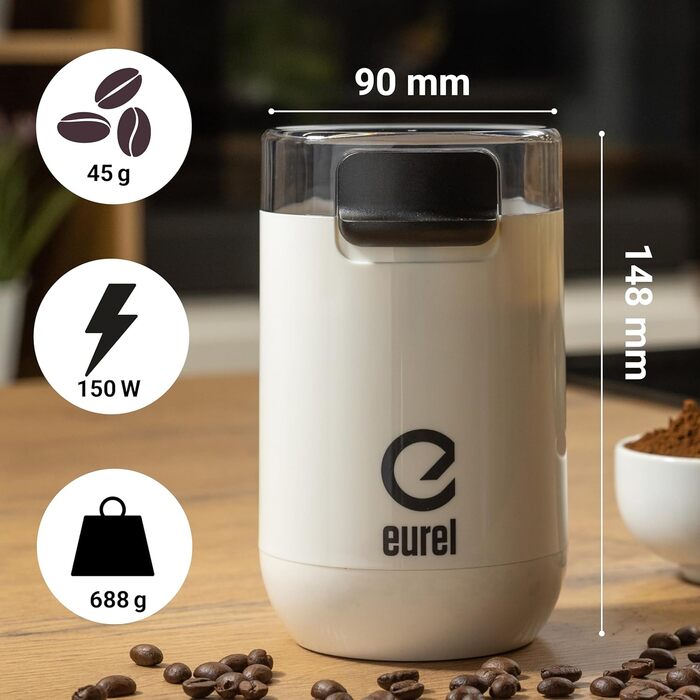 Електрична кавомолка EUREL KMA з нержавіючою сталею, змінний помел, 45г, білий колір