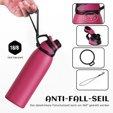 Stainless Steel Water Bottle 600 ml/800 ml/1 l with Magnetic Lid, BPA-Free, Insulated Water Bottle, Sports Metal Water Bottle, Hot and Cold Drinks, Vacuum Flask, Work, Travel (1000 ml, Pink-1)