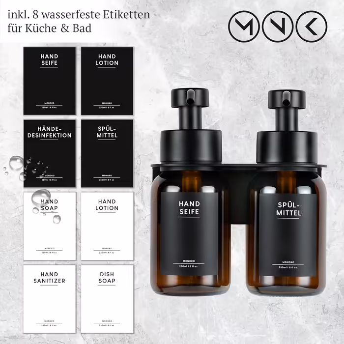 MONOKO | Glass Soap Dispenser Wall Mount No Drilling | Dish Soap Holder Wall Bracket Kitchen | Brown Self-Adhesive Soap Dispenser | 250ml with Stainless Steel Pump Dispenser