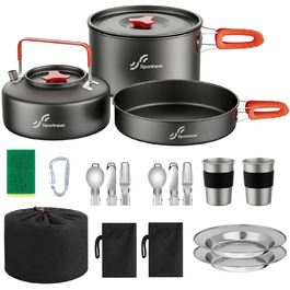 Набір посуду для кемпінгу на 2 особи: каструля, сковорода, чайник, тарілки, чашки, столові прибори (Löffel, Gabeln)