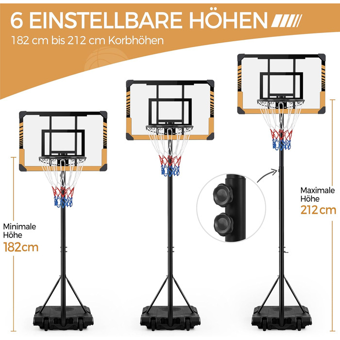 Yaheetech Adjustable Height Basketball Stand with Wheels - Mobile Basketball Hoop, Water/Sand Fillable, Indoor/Outdoor Basketball System - 226.5cm - 256.5cm