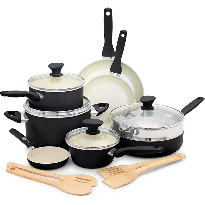 GreenPan Rio Healthy Ceramic Non-Stick 16-Piece Cookware Set with Frying Pans, Sauce Pans, PFAS-Free, Stay-Cool Handle, Oven Safe up to 160°C, Dishwasher Safe, Black & Crème Cookware Set 16-Piece Black & Crème