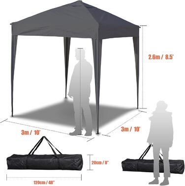 3x3 Pavilion WATERPROOF, Waterproof Folding Pavilion, Party Tent Quick Setup Garden Pavilion Pop Up Tent Sun Protection Steel Frame (Gray, 3x3 m without side walls)