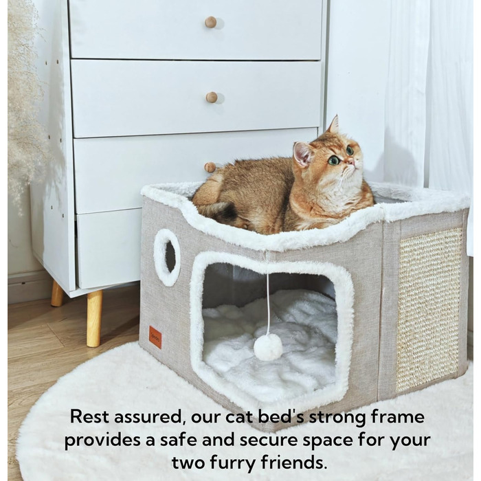Large Cat Cave Bed for House Cats, Foldable Pet House, Cube with Scratch Pad, Kitten Cave, Cat Hideaway Cute Hut with Soft Cushion Mat, Beige, 43.2 x 43.2 x 33 cm