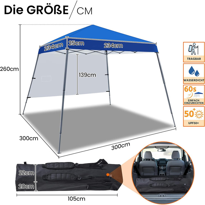 Yaheetech 3x3m Pop-Up Gazebo, Folding Canopy, Waterproof with 1 Side Wall, One Push Garden Gazebo with Carry Bag, UV Protection, Foldable Tent for Camping, Festivals, Parties, Blue