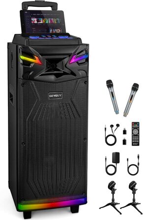 Bluetooth Караоке Машина DSP з 2 Мікрофонами та 2 × 10” Динаміками, Портативна PA-система для Дорослих та Дітей, USB-C Запис, Ефекти DJ, FM, Підтримка TV/Проектора GTSK210-1